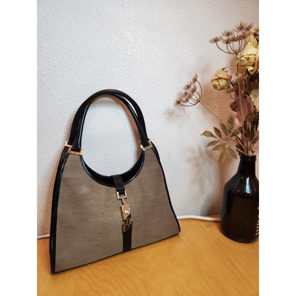 Vintage Gucci Shoulder Bag Black Leather Canvas Gold Hardware Italy  Jackie